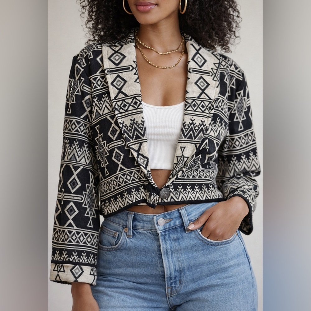 Flashback 100% Cotton Black&Cream Patterned Cropped Blazer Boho Southwestern